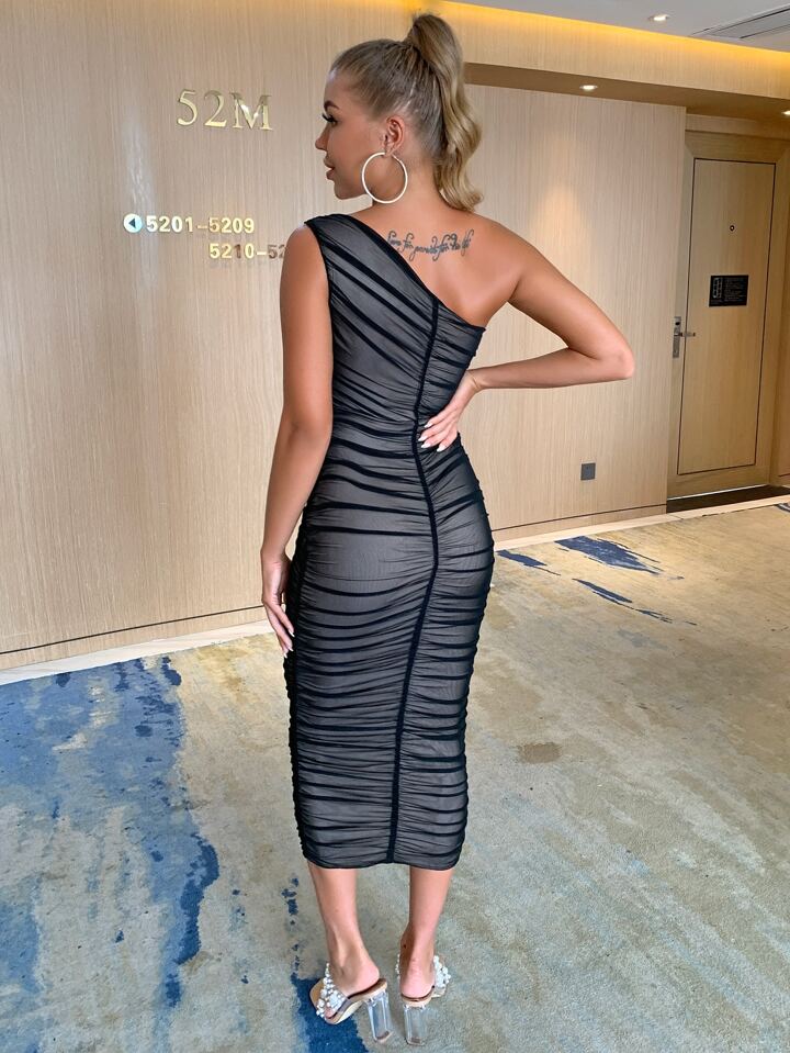One Shoulder Ruched Mesh Bodycon Dress (M)